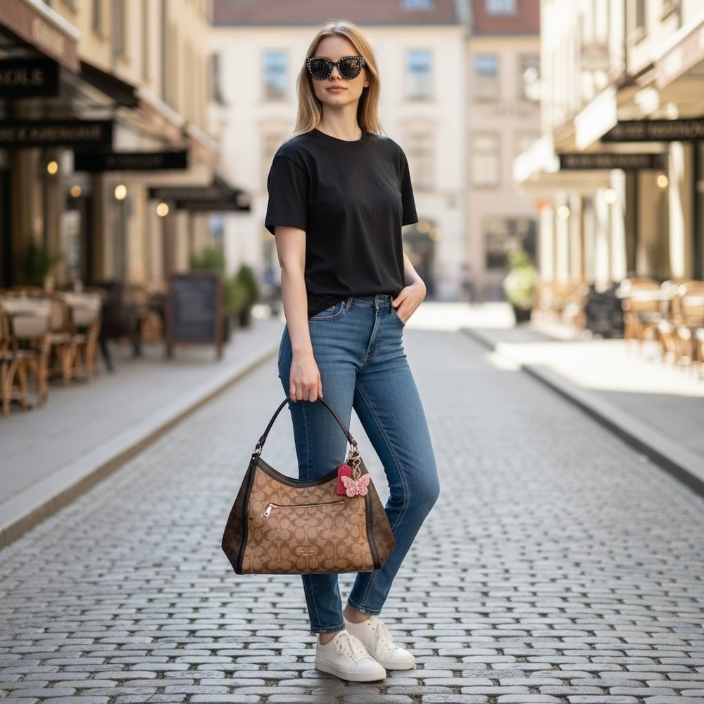 Coach Lexy Shoulder Bag Signature Canvas Brown Black Hobo C6831